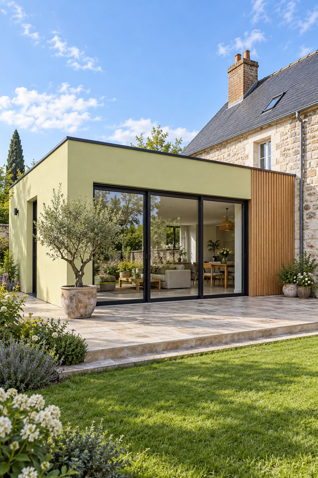 Extension de maison avec baies vitrées et bardage bois, accolée à une maison en pierre