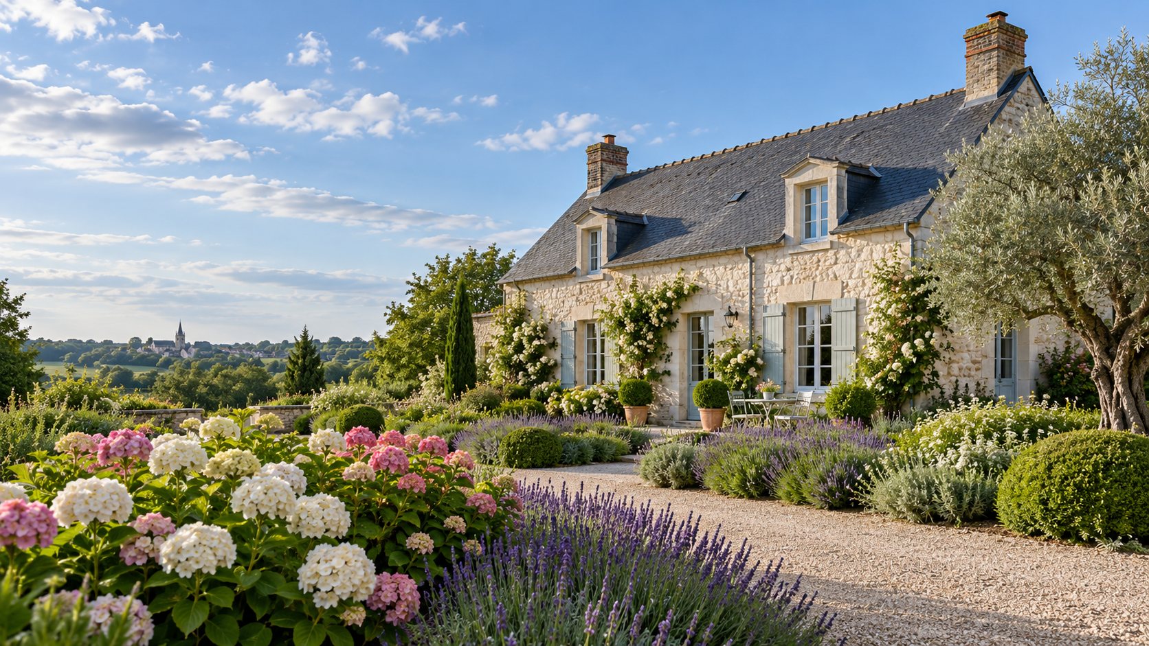 Maison en pierre claire entourée d’un jardin fleuri