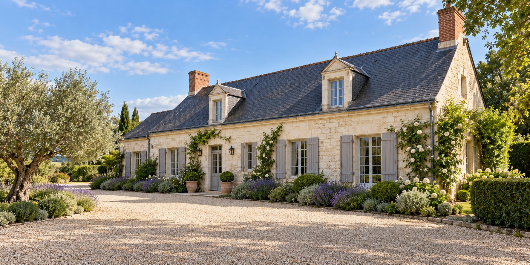 Maison en pierre de tuffeau avec toit en ardoise et cheminées en brique