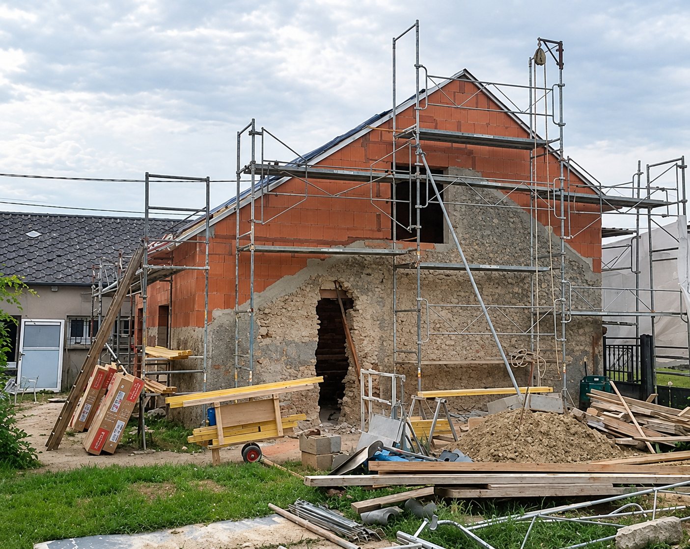 Maison en rénovation sous échafaudage, murs en briques rouges et pierre
