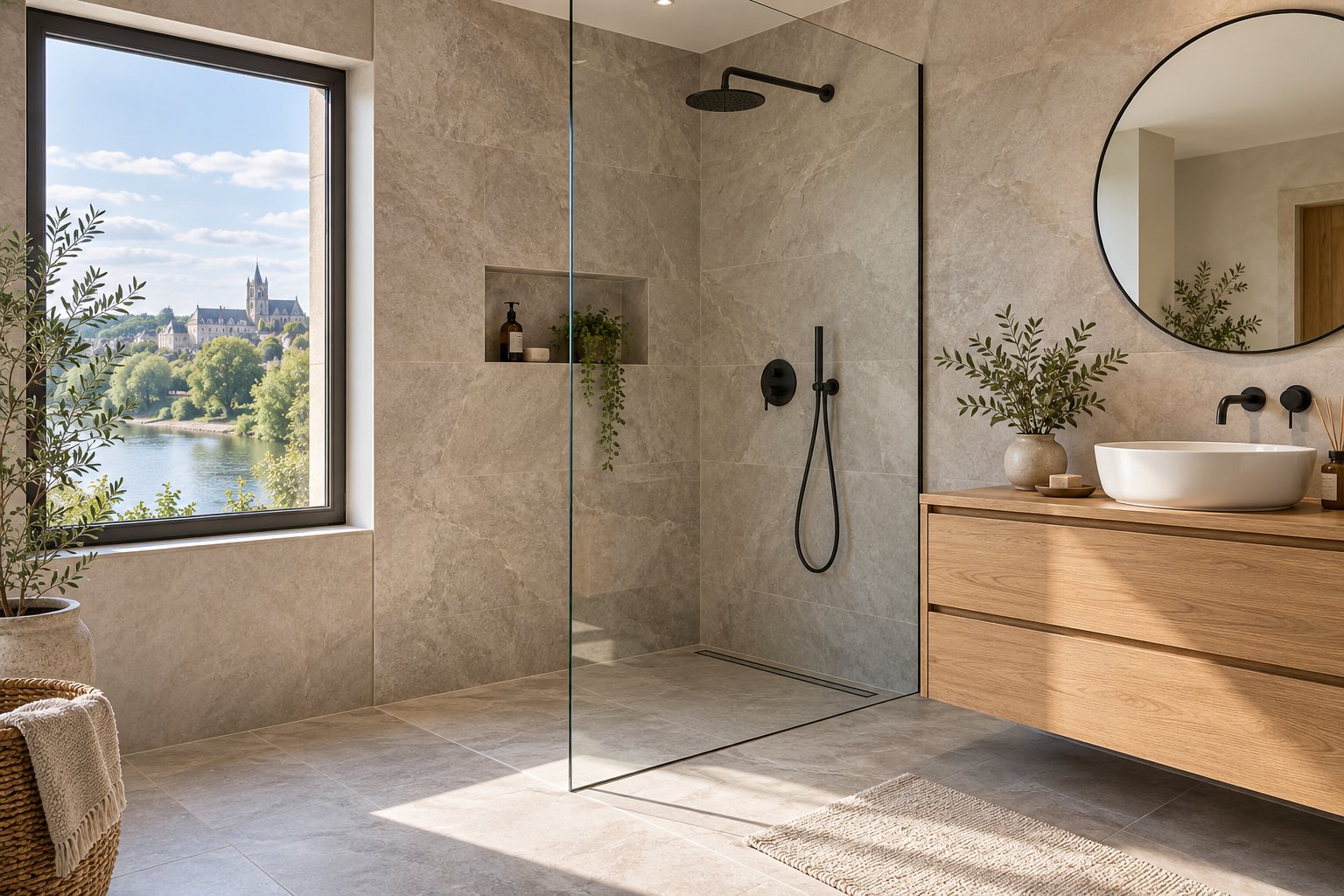 Salle de bains avec douche à l’italienne carrelée et meuble vasque en bois