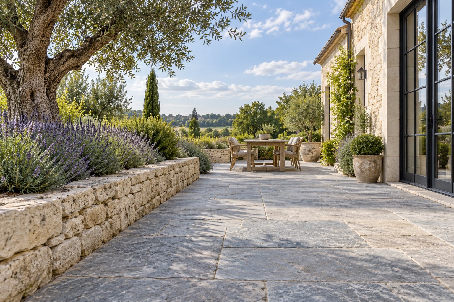 Terrasse en pavés de pierre avec muret en pierre et olivier